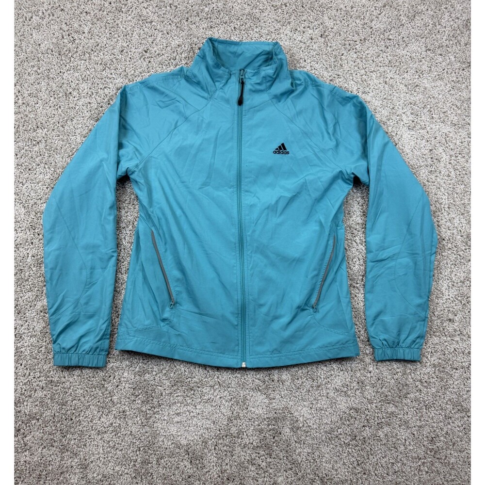 Adidas Womens M Turquoise Blue Windbreaker Jacket Full Zip Mesh Lined Running